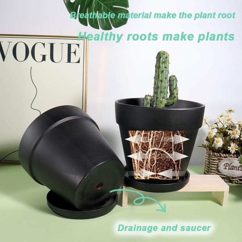vensovo 6 Inch Black Terracotta & Clay Pots for Plant with Saucer - 4 Pack Medium Terra Cotta Planter with Drainage Hole, Flowerpot for Indoor Outdoor Plants, Crafts, Wedding Favor - Image 5