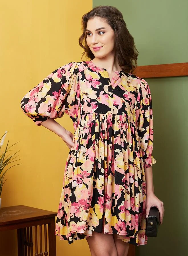 globus Globus Women Black Floral Printed Round Neck A-Line Mini Dress