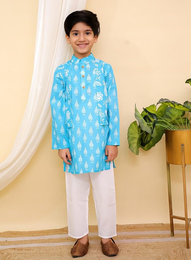 AJ DEZINES Kids Cotton Full Sleeve Floral Printed Blue Kurta Pajama Set for Boys - Ethnic wear | Special Occasion & Party Outfit |Kurta Set for Boys - Regular Fit (Twister-1271-BLUE-5-6Y-5) - Image 2