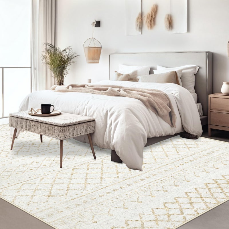 Aoyaomi Area Rug for Living Room 9x12: Large Washable Boho Moroccan Rugs Geometric Neutral Rug, Non-Slip Foldable Morden Farmhouse Indoor Floor Carpet for Bedroom Dining Table Homeï¼ˆBeige,9X12ï¼‰ - Image 3