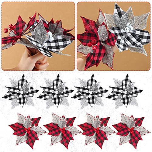 Chuangdi 12 Pcs Buffalo Plaid Poinsettias 67 Inches Christmas Tree Ornaments Burlap Artificial Xmas Flower Decor with Bells for Rustic Christmas Tree Wreath Garland PartyRed Black Black White - Image 1