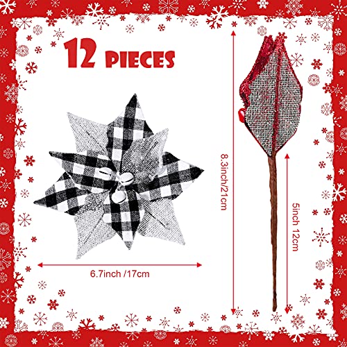 Chuangdi 12 Pcs Buffalo Plaid Poinsettias 67 Inches Christmas Tree Ornaments Burlap Artificial Xmas Flower Decor with Bells for Rustic Christmas Tree Wreath Garland PartyRed Black Black White - Image 3