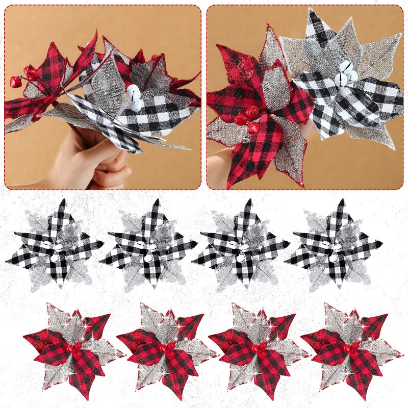 Chuangdi 12 Pcs Buffalo Plaid Poinsettias 67 Inches Christmas Tree Ornaments Burlap Artificial Xmas Flower Decor with Bells for Rustic Christmas Tree Wreath Garland PartyRed Black Black White - Image 2