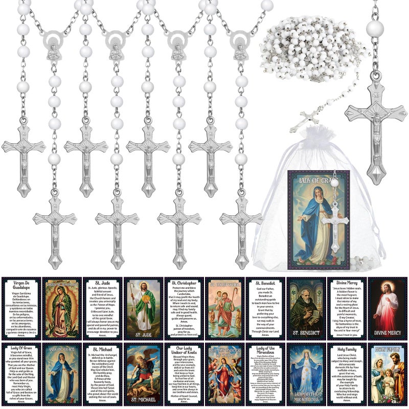 Sayglossy 102030 Set Catholic Religious Gifts Set Rosary Christian Cross Necklace with Saint Prayer Cards Organza Bags Bulk First Communion Baptism Confirmation Lent FavorsBeadWhite10 - Image 2