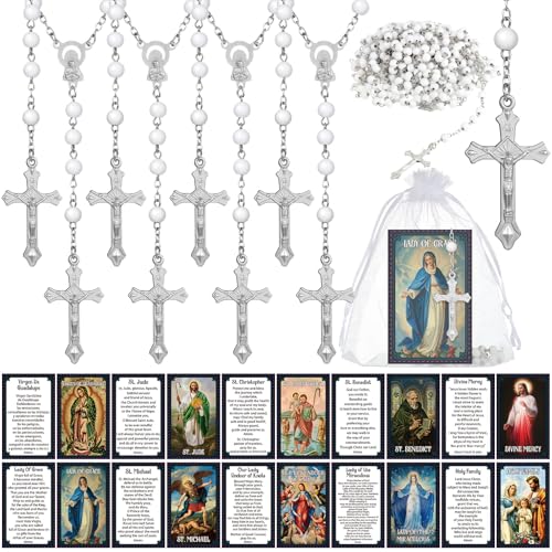 Sayglossy 102030 Set Catholic Religious Gifts Set Rosary Christian Cross Necklace with Saint Prayer Cards Organza Bags Bulk First Communion Baptism Confirmation Lent FavorsBeadWhite10 - Image 1