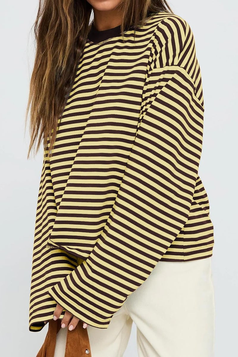 CHYRII Women Oversized Striped Long Sleeve T Shirts Fashion Casual Fall Spring 2026 Y2K Tops (Yellow+Coffee M) - Image 3