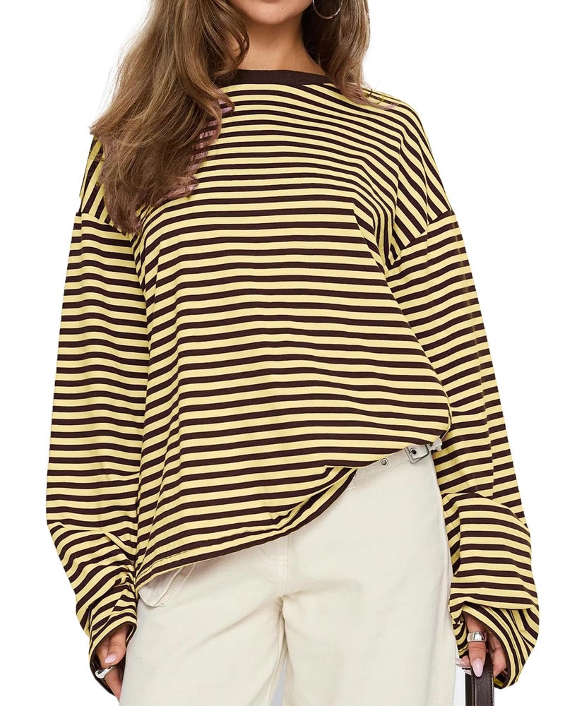 CHYRII Women Oversized Striped Long Sleeve T Shirts Fashion Casual Fall Spring 2026 Y2K Tops (Yellow+Coffee M) - Image 1