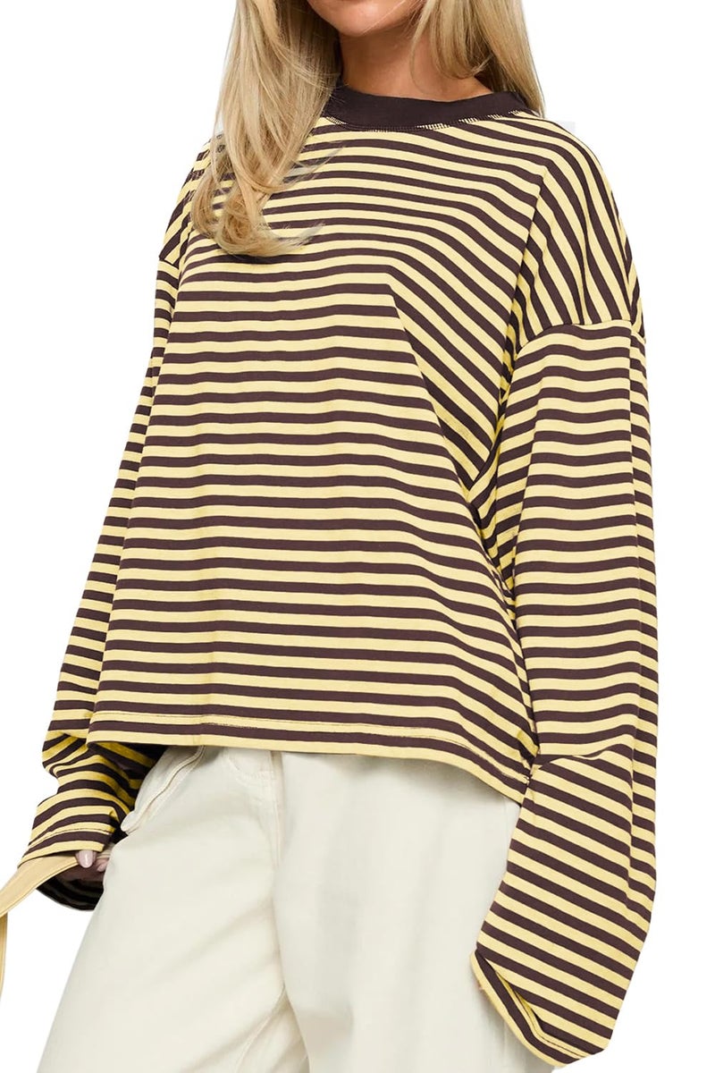 CHYRII Women Oversized Striped Long Sleeve T Shirts Fashion Casual Fall Spring 2026 Y2K Tops (Yellow+Coffee M) - Image 2