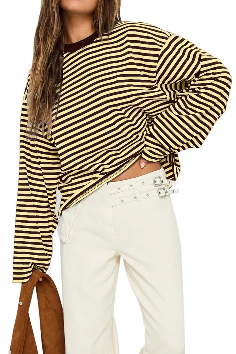 CHYRII Women Oversized Striped Long Sleeve T Shirts Fashion Casual Fall Spring 2026 Y2K Tops (Yellow+Coffee M) - Image 5
