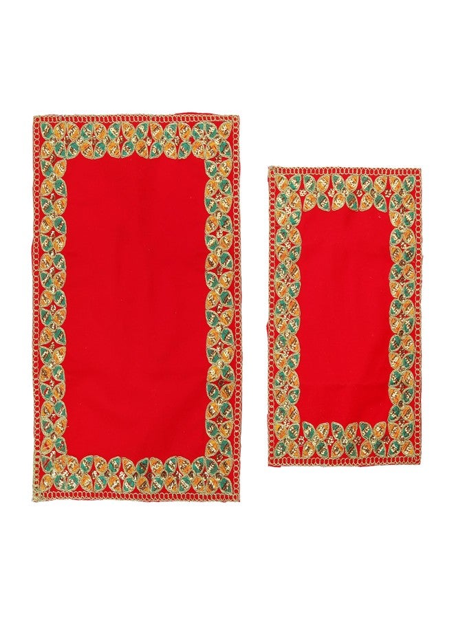 أديتري_كرييشن طقم سجاد بوجا مخملي فاخر مكون من قطعتين، قطعة قماش مزخرفة متعددة الأغراض لتزيين طقوس البوجا والمهرجانات الهندية التقليدية (كبير 13 × 9 بوصة، صغير 10 × 7 بوصة، أحمر). - Image 1