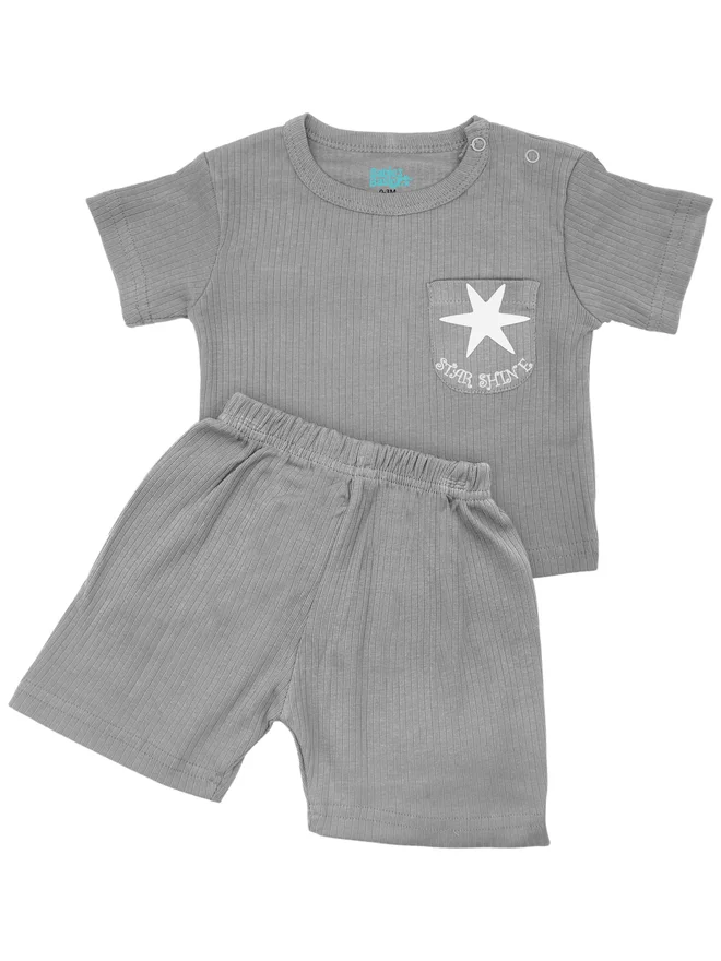 بابيز_بيسك Babies Basic Premium Ribbed Cotton Short Sleeves T-Shirt and Plain Shorts Set