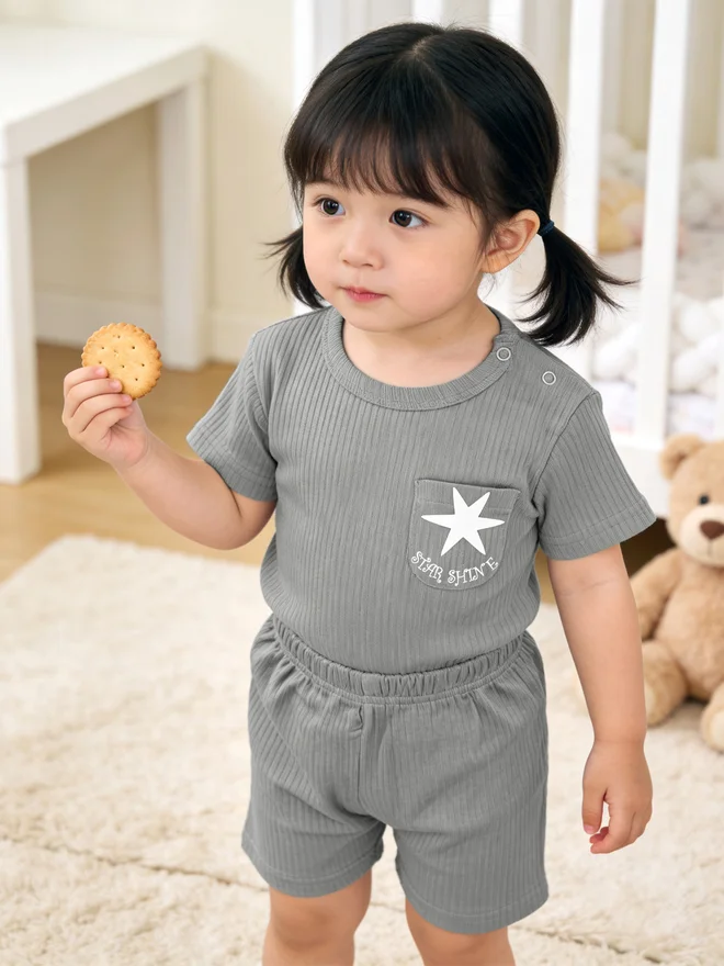بابيز_بيسك Babies Basic Premium Ribbed Cotton Short Sleeves T-Shirt and Plain Shorts Set