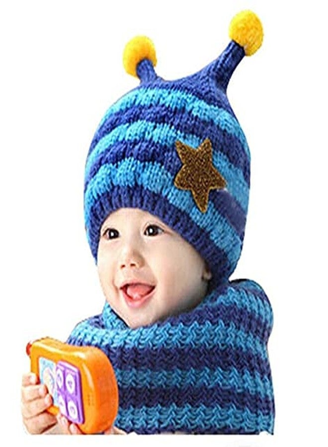 Malvina طقم قبعة وشال شتوي للأطفال من مالفينا، مناسب للأطفال من عمر سنة إلى 4 سنوات، قبعة ووشاح من الصوف المحبوك، قبعة دافئة جداً للأطفال بنقشة النحل (أزرق) - Image 2