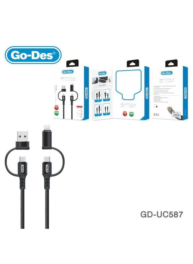 جو-ديز Go-Des كابل شحن 4 في 1 2Type-C  + USB-A + Lightning  - أسود - Image 2