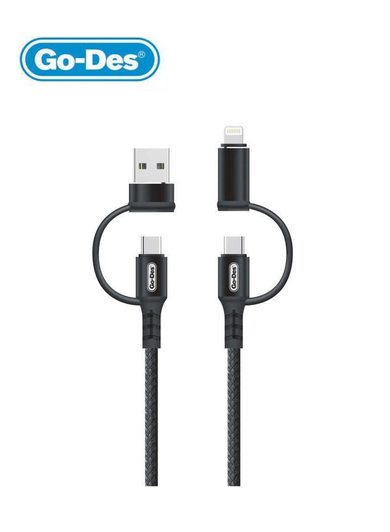 جو-ديز Go-Des كابل شحن 4 في 1 2Type-C  + USB-A + Lightning  - أسود - Image 1