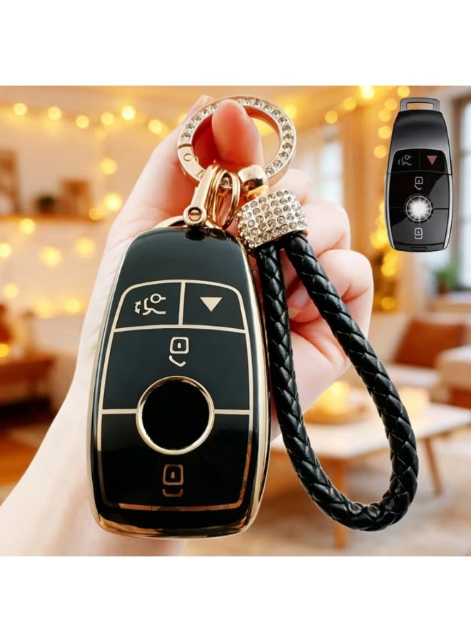 غطاء مفتاح السيارة مع سلسلة مفاتيح لمرسيدس-بنز A C E S CLA CLS GLA GLC260 GLE450 GL GLS G-Class E300L GLC260L/A200L GLB/GLE350 C-Class S-Class C260L A200L C200L GLC GLA GLB220 GLE350 إلخ 3/4 زر مفتاح ذكي واقي، غطاء مفتاح ناعم TPU، سلسلة مفاتيح - Image 1