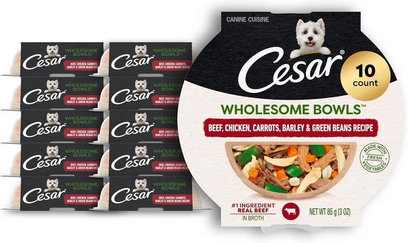 Cesar Wholesome Bowls Adult Wet Dog Food, Beef, Chicken, Carrots, Barley & Green Beans Recipe, Wet Food for Dogs, 3 oz., 10 Count - Image 1