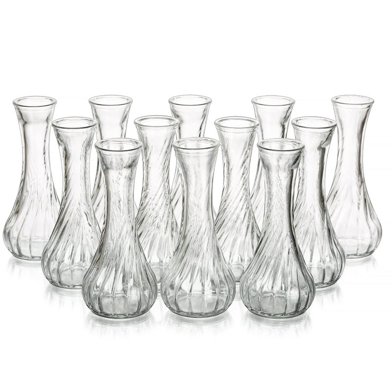 Hewory Glass Bud Vase for Flowers  Set of 12 Small Vases in Bulk for Table Wedding Centrepiece Mini Ribbed Clear Rose Vase for Events Living Room Decorative Single Stem Flower Decoration