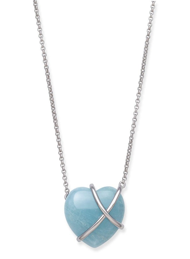 Belacqua Natural Blue Aquamarine Heart Pendant Necklace in Sterling Silver, Rolo Chain: 17.5"+2" Extender, Fashion Jewelry for Women, Gift Box Included - Image 1