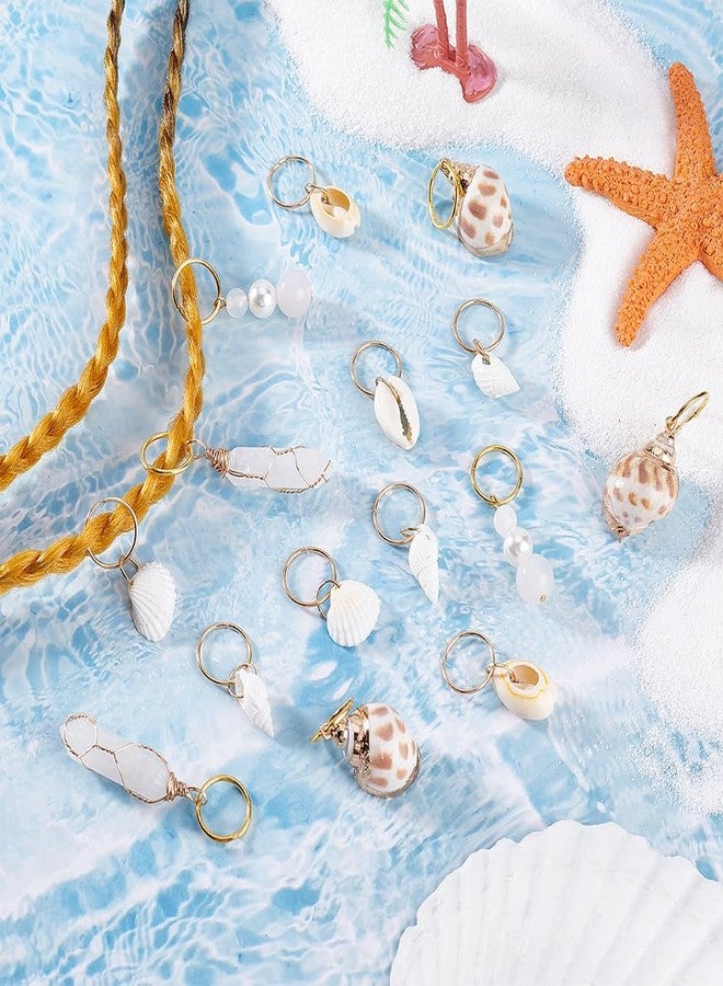 PLIGREAT 18 Pcs Seashell Conch Braids Hair Ring Set Dreadlock Ring Charms DIY Locs Hair Accessories Crystal Pearl Pendant Hair Clips for Women Men Hair Braids Ponytail Hair Decor, 6 Styles - Image 2