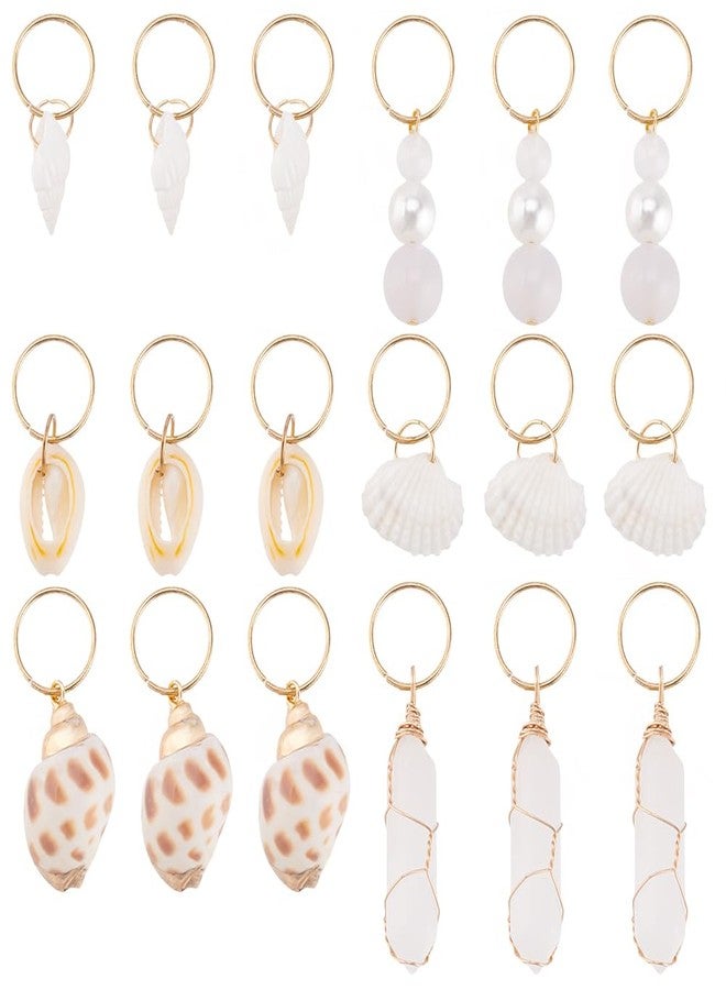 PLIGREAT 18 Pcs Seashell Conch Braids Hair Ring Set Dreadlock Ring Charms DIY Locs Hair Accessories Crystal Pearl Pendant Hair Clips for Women Men Hair Braids Ponytail Hair Decor, 6 Styles - Image 1