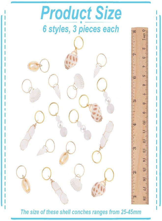 PLIGREAT 18 Pcs Seashell Conch Braids Hair Ring Set Dreadlock Ring Charms DIY Locs Hair Accessories Crystal Pearl Pendant Hair Clips for Women Men Hair Braids Ponytail Hair Decor, 6 Styles - Image 3