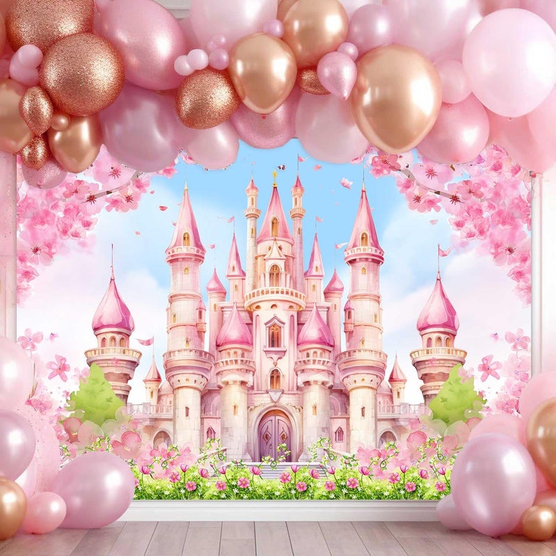 Sensfun Princess Castle Birthday Backdrop Pastle Pink Sakura Floral Photography Background Fantasy Fairy Tale Princess Birthday Baby Shower Party Decorations Banner Photo Booth Props 7x5ft - Image 3