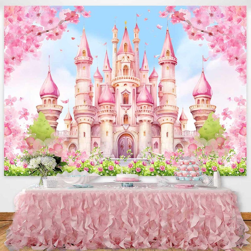 Sensfun Princess Castle Birthday Backdrop Pastle Pink Sakura Floral Photography Background Fantasy Fairy Tale Princess Birthday Baby Shower Party Decorations Banner Photo Booth Props 7x5ft - Image 2