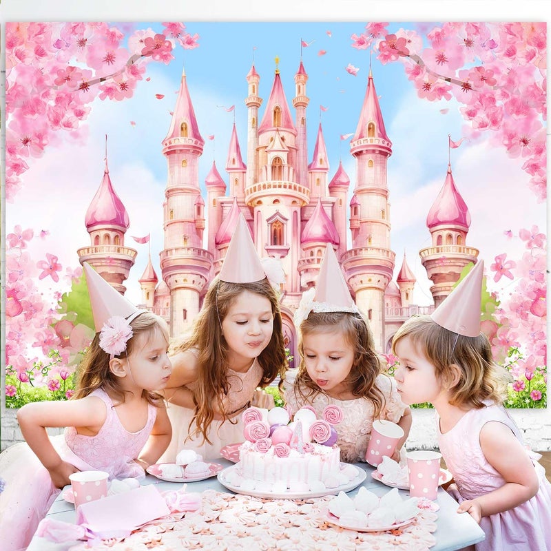 Sensfun Princess Castle Birthday Backdrop Pastle Pink Sakura Floral Photography Background Fantasy Fairy Tale Princess Birthday Baby Shower Party Decorations Banner Photo Booth Props 7x5ft - Image 4