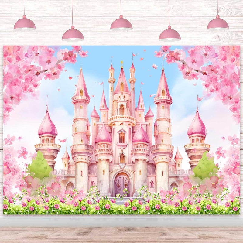 Sensfun Princess Castle Birthday Backdrop Pastle Pink Sakura Floral Photography Background Fantasy Fairy Tale Princess Birthday Baby Shower Party Decorations Banner Photo Booth Props 7x5ft - Image 5