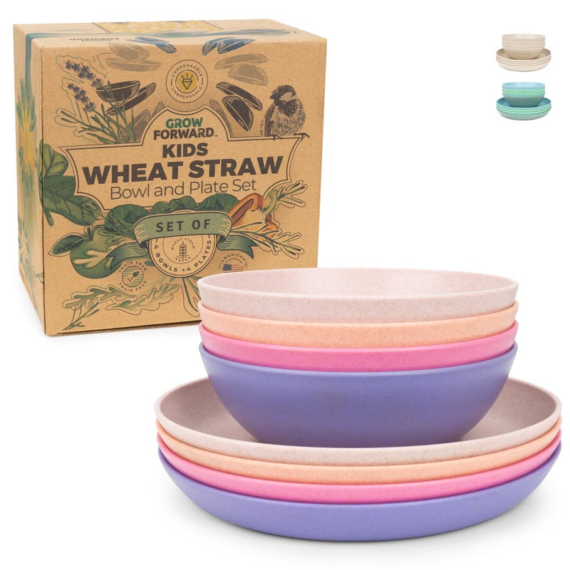 Grow Forward Wheat Straw Kids Plates and Bowls Sets 8Piece Unbreakable Dishwasher Microwave Safe Plastic Plates for Kids Reusable Non Toxic BPAFree Dinnerware for Children Floral - Image 1