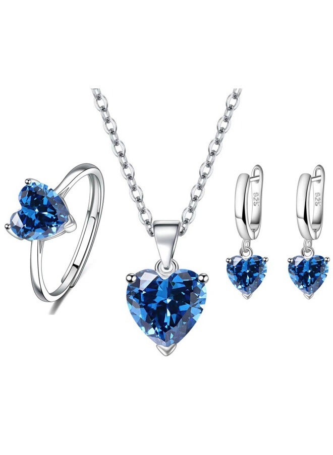 Zeemey Exquisite 925 Sterling Silver Heart-Shaped Cubic Zirconia Jewelry Set - Romantic Necklace, Ring, and Earrings Trio for Anniversary, Valentine's Day Gift - Elegant, Sexy, and Durable Accessories for Her
