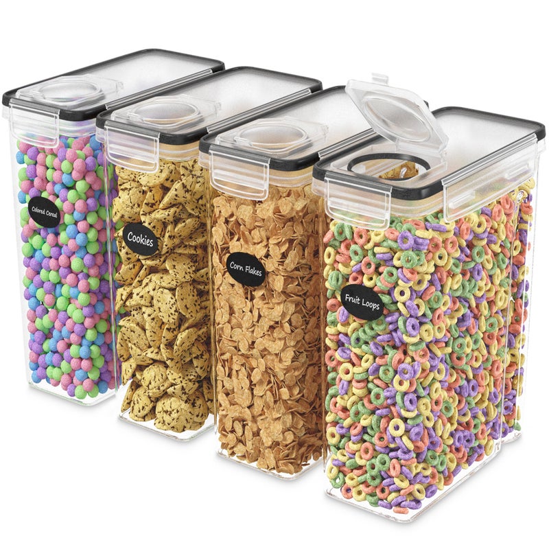 DWÃ‹LLZA KITCHEN Cereal Containers Storage 4L Set of 4 Airtight Food Storage Containers with Lids Cereal Dispenser Countertop Pantry Organization Canister for Rice Flour & Sugar 1 Marker 8 Labels - Image 1