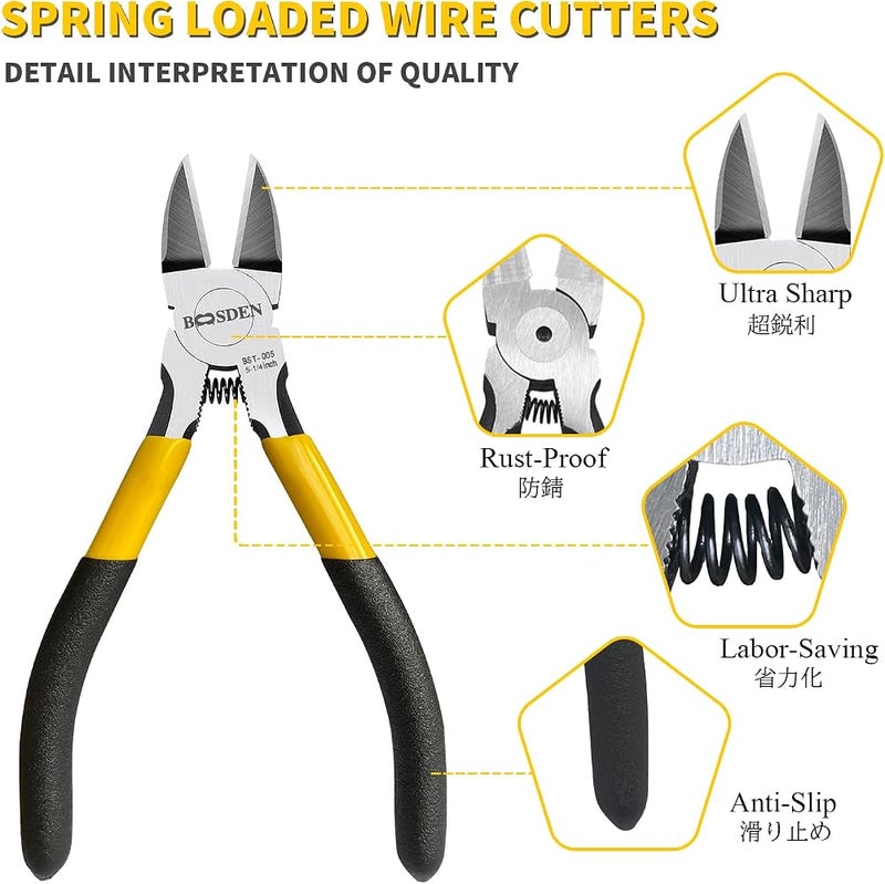 BOOSDEN 5" Wire Cutters, 5 Pack, Precision Cutting Pliers, Ultra Sharp Wire Snips Wire Clippers, Spring Loaded Flush Cutter, Diagonal Cutting Pliers for Jewelry Making Crafting, Wire Cutters Set - Image 3