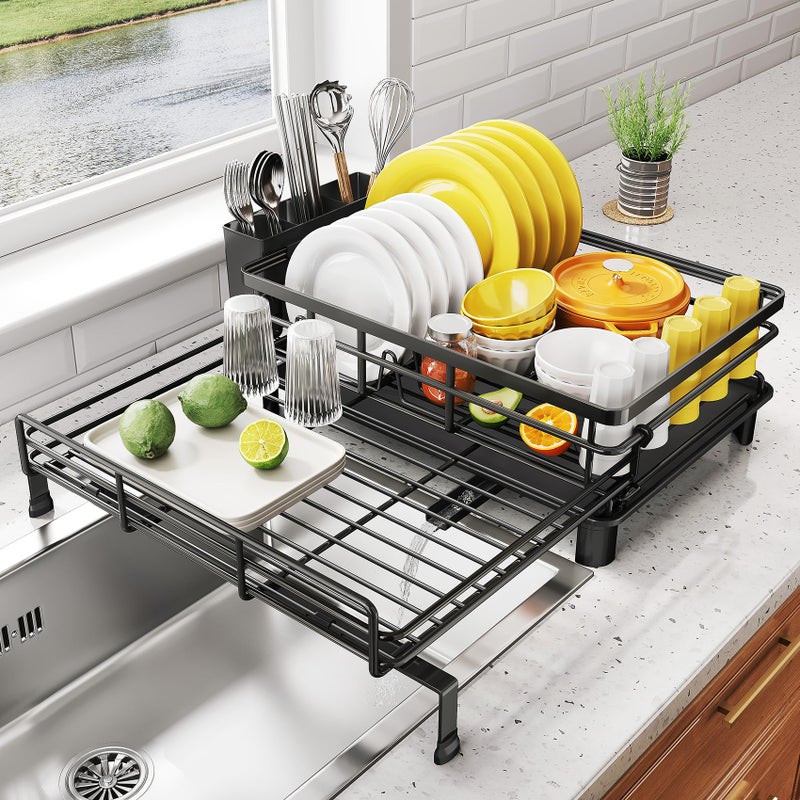 SNTD Dish Drying Rack Extendable Dish Rack Large Sink Drying Dish Drainer for Kitchen Counter Stainless Steel Dish Strainer with Utensil Holder Black