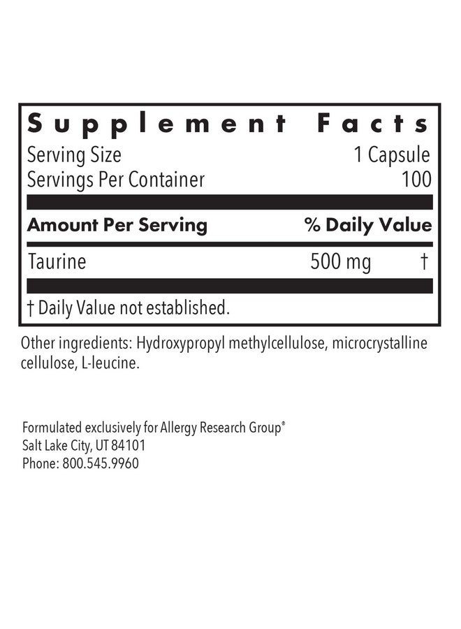اليرجي ريسيرتش جروب مكمل تورين 500 مجم من Allergy Research Group - دعم القلب والأوعية الدموية، حمض أميني حر، نقي، عضوي، كبسولات نباتية - 100 كبسولة - Image 3
