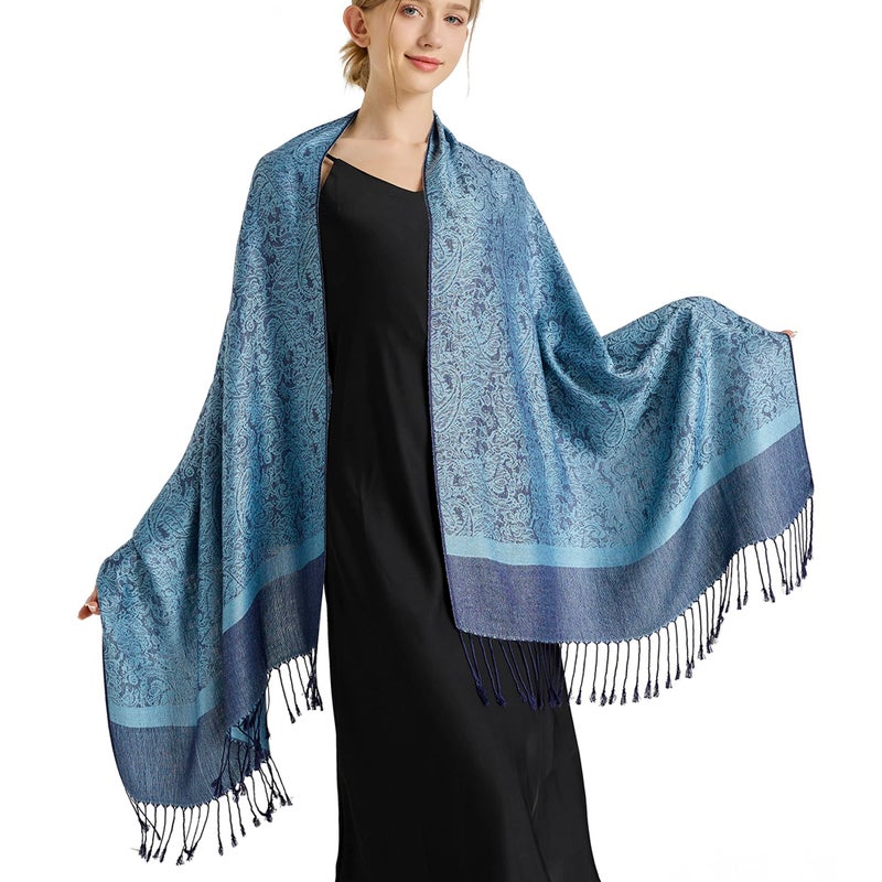 vimate Paisley Pashmina Shawls-Womens Elegant Warm Steel Blue Pashmina Shawls and Wraps for formal Evening Dresses (Style 1-Steel Blue) - Image 1