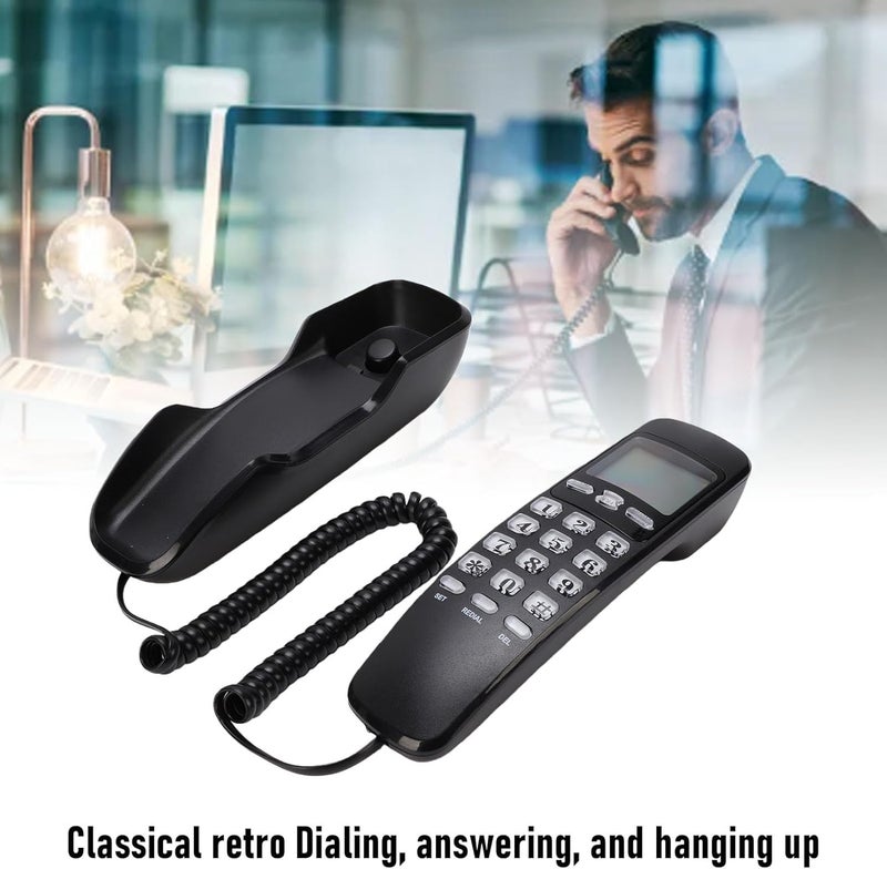 Yunseity Wall Mountable Basic Corded Telephone, Retro Wall Mounted Landline Phone with LCD Screen, for Home Hotel Kitchen Garage Elevator School Hospital (Black(English Version)) - Image 2