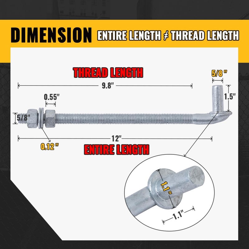 VIVIDA 12" J Bolt Gate Hinge 2 Pack, Chain Link Gate Bolt Hinge with 5/8" Male Pin, Galvanized Steel, Nuts & Washers Included - Image 2