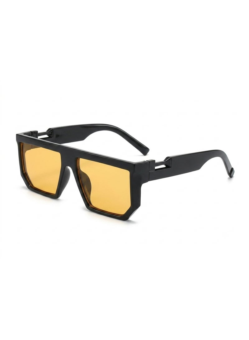 Trendy sunglasses with wide shiny black frame and honey yellow lenses - Image 1