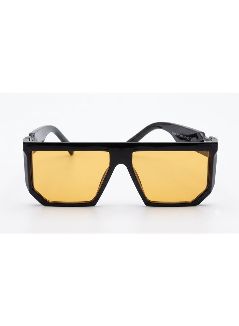 Trendy sunglasses with wide shiny black frame and honey yellow lenses - Image 4