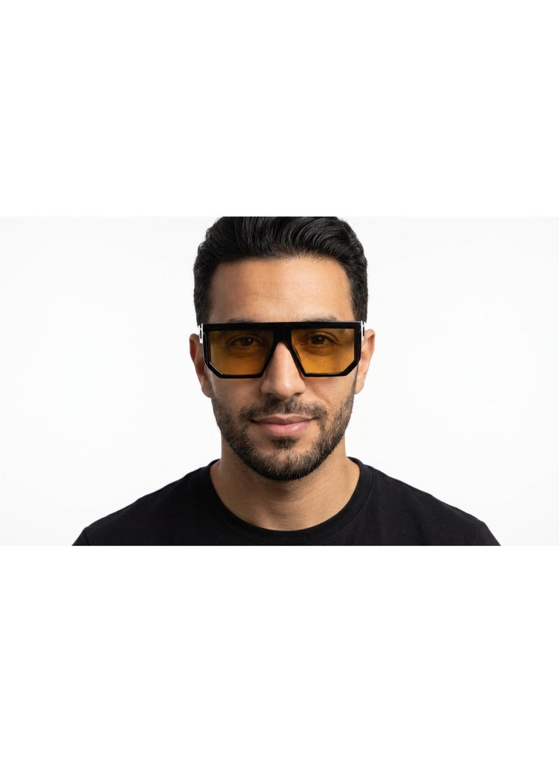 Trendy sunglasses with wide shiny black frame and honey yellow lenses - Image 3