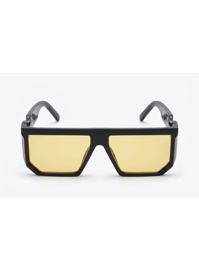 Trendy sunglasses with wide shiny black frame and honey yellow lenses - Image 2