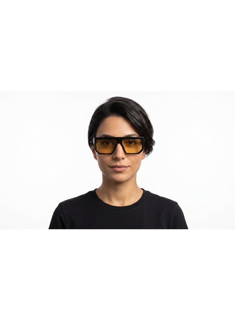 Trendy sunglasses with wide shiny black frame and honey yellow lenses - Image 5