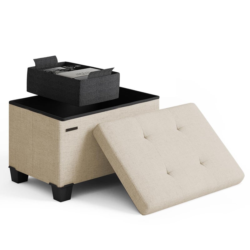 Storage Ottoman Cube with Small Bin 16in Square Ottoman with Storage for Living Room and Bedroom Small Ottomans Foot Rest Fabric Foot Stools Ottomans Max 330lbs Beige