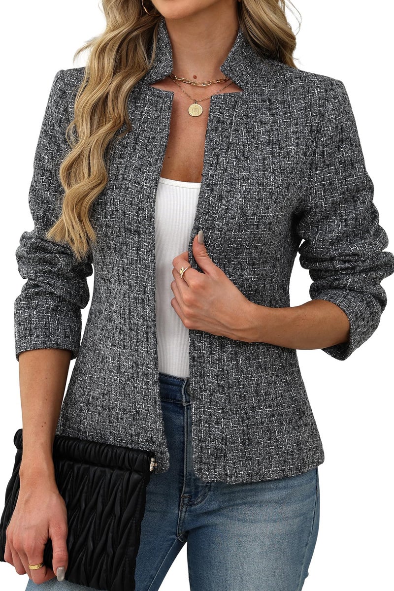 ELLEVEN Womens Blazer Business Casual Suit Jacket Tweed Blazers for Women Slim Fit Fitted Long Sleeve Stand Collar Blazer Dressy Full Lining Coat Cardigan with Padded Shoulder Grey X-Small - Image 1