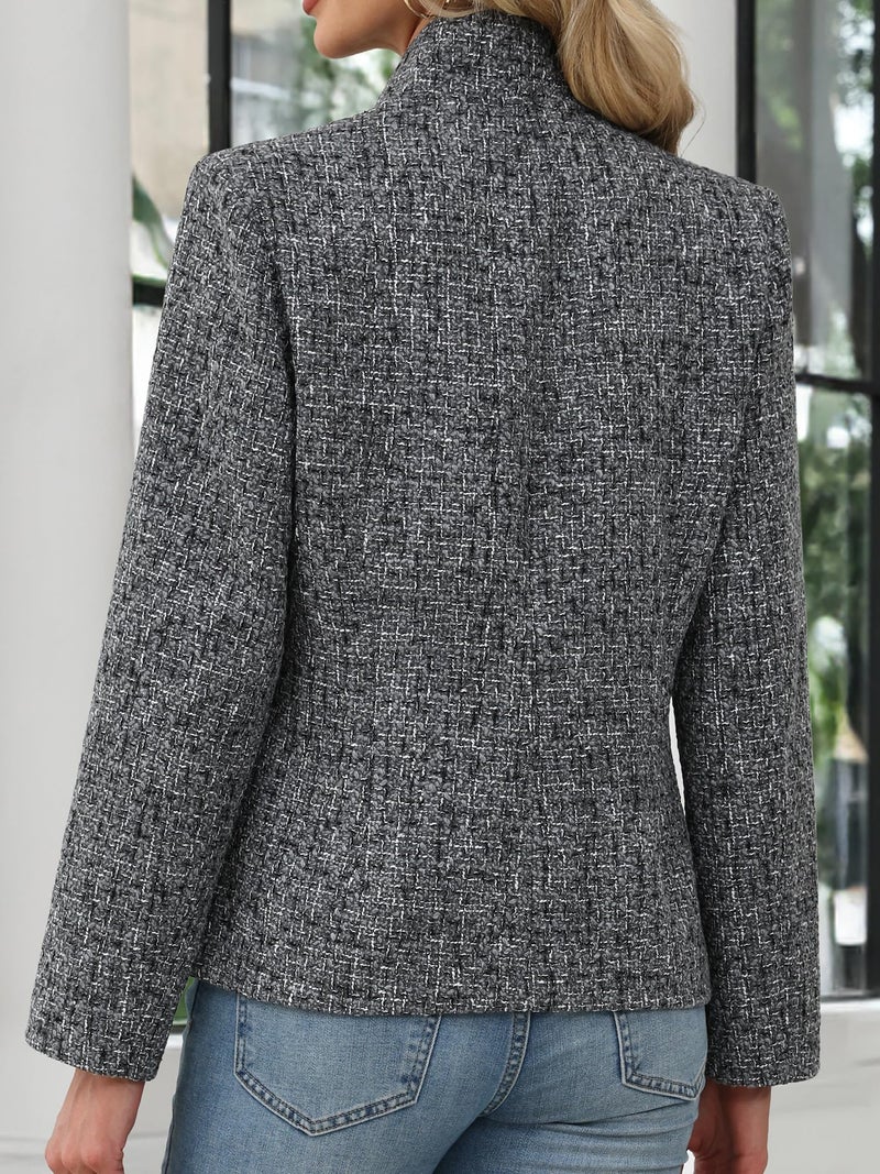 ELLEVEN Womens Blazer Business Casual Suit Jacket Tweed Blazers for Women Slim Fit Fitted Long Sleeve Stand Collar Blazer Dressy Full Lining Coat Cardigan with Padded Shoulder Grey X-Small - Image 2