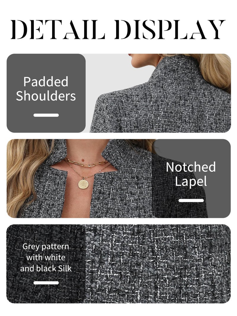 ELLEVEN Womens Blazer Business Casual Suit Jacket Tweed Blazers for Women Slim Fit Fitted Long Sleeve Stand Collar Blazer Dressy Full Lining Coat Cardigan with Padded Shoulder Grey X-Small - Image 5