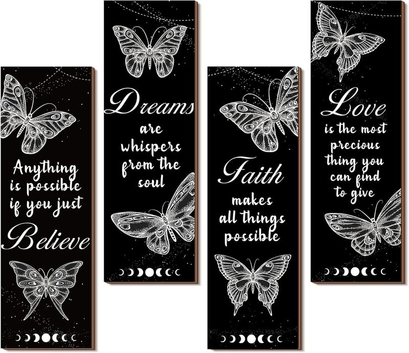 Qunclay 4 Pcs Butterfly Wall Decor 12 x 4 Inch Believe Faith Dream Love Inspirational Quote Wooden Sign Rustic Butterfly Bathroom Decor for Home Bathroom Bedroom Restroom Living Room Kitchen - Image 1