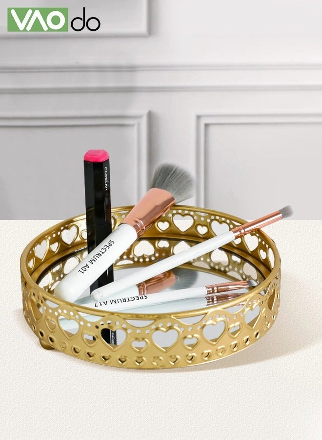 VAOdo Mirrored Vanity Tray with Gold Metal Cutout Design, Decorative Jewelry Storage Tray, Cosmetic Perfume Organizer for Dresser Bedroom Candle Holder Coffee Table Centerpiece Decor, 17.5x5CM - Image 1